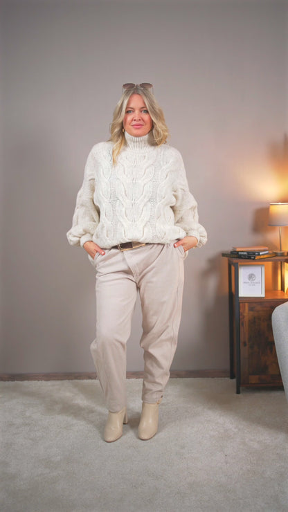 Strickpullover mit Zopfmuster, creme