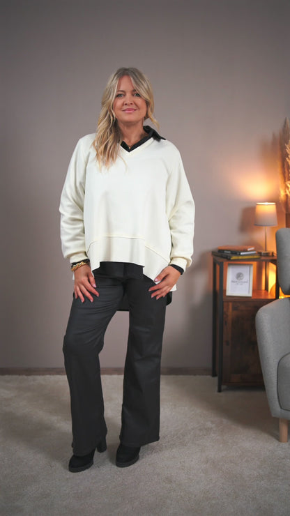 Oversize Sweatshirt mit V-Ausschnitt, cremeweiß