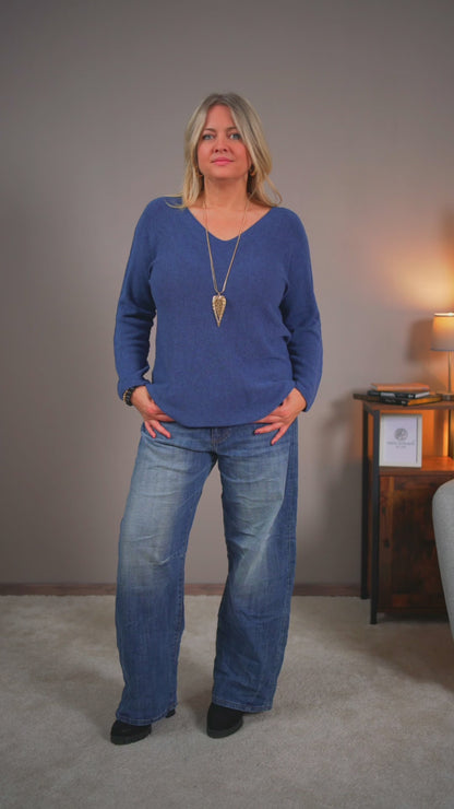 Feinstrickpullover mit V-Ausschnitt, dunkelblau