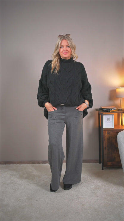 Strickpullover mit Zopfmuster, schwarz