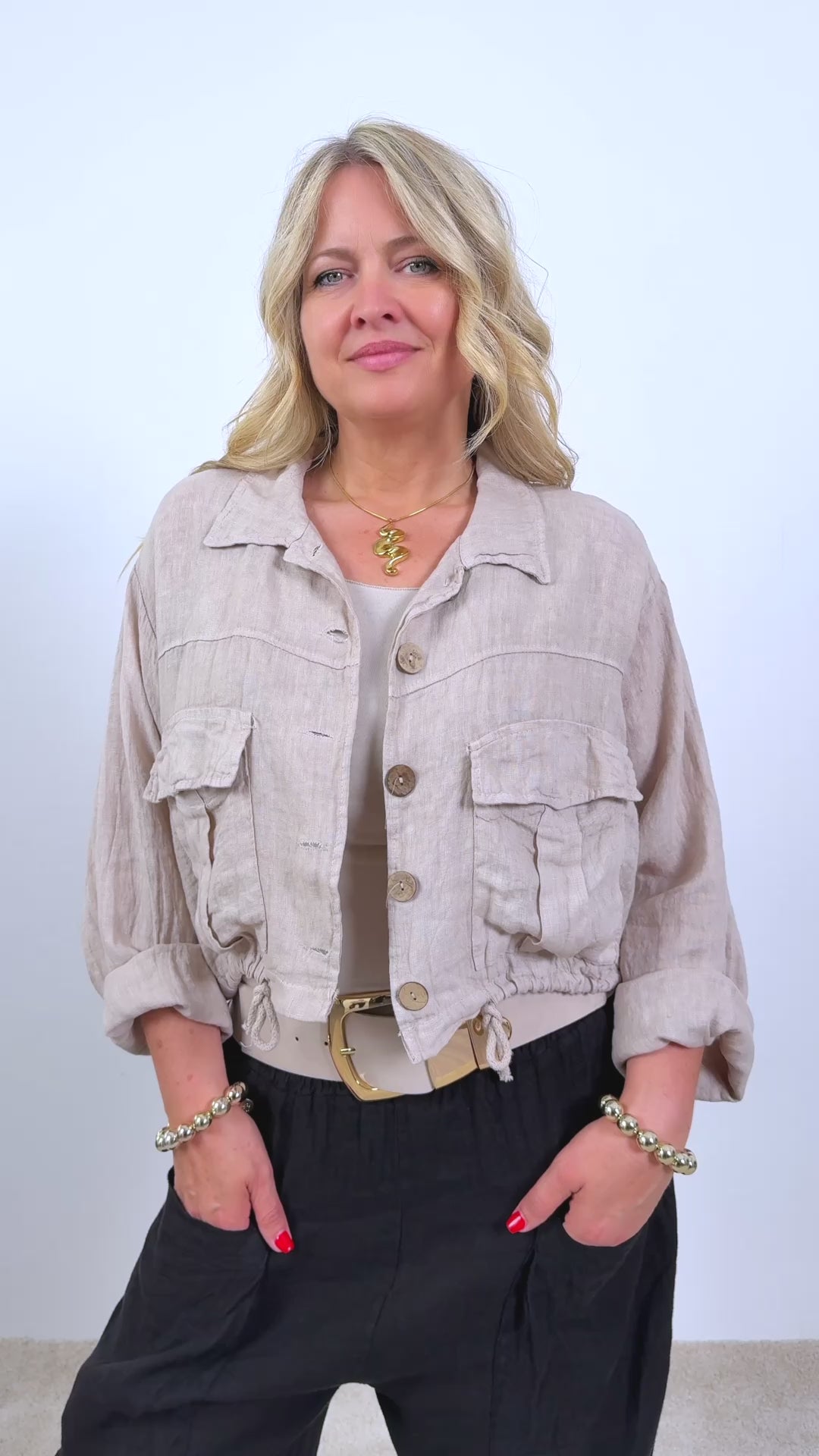 Leinen-Jacke mit Kordelzug, beige