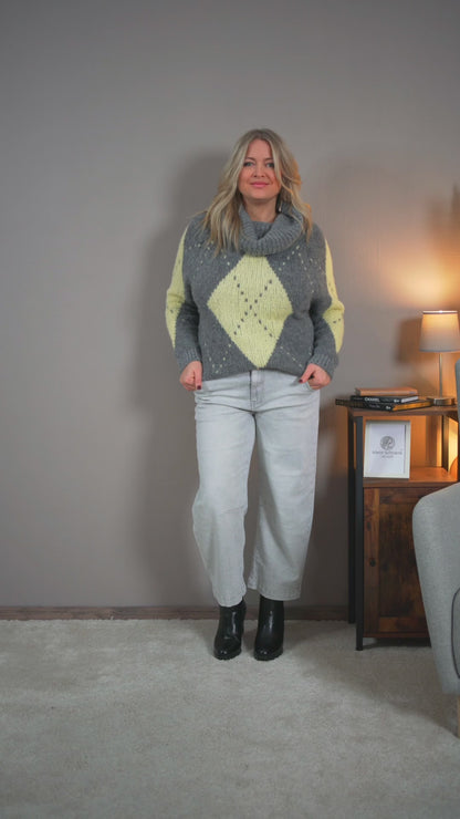 Strickpullover mit Rautenmuster und Schalkragen, grau/gelb