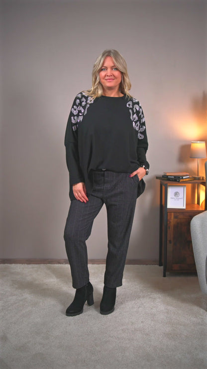 Strickpullover mit Leopardendetails, schwarz