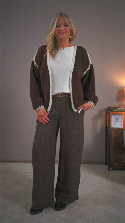 Oversize-Strickjacke, schokobraun-weiß