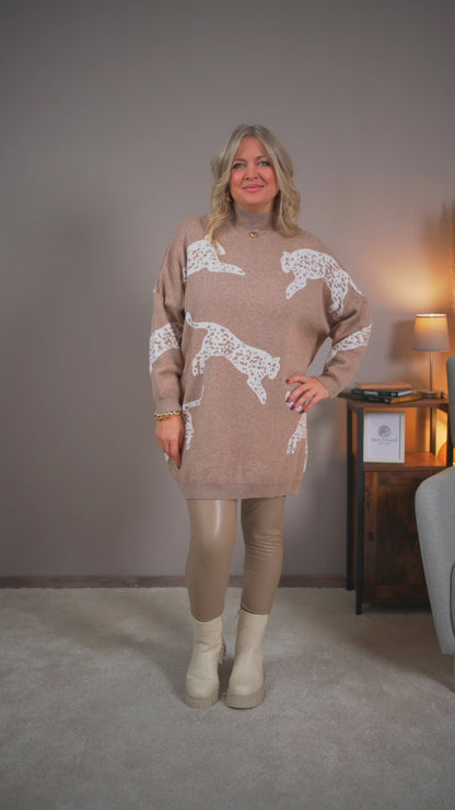 Weicher Strickpullover mit Leopardenmotiv, Camel