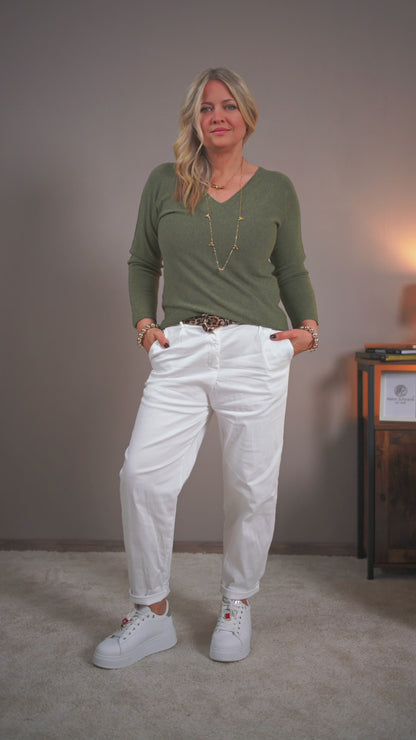 Feiner Strickpullover mit V-Ausschnitt, khaki