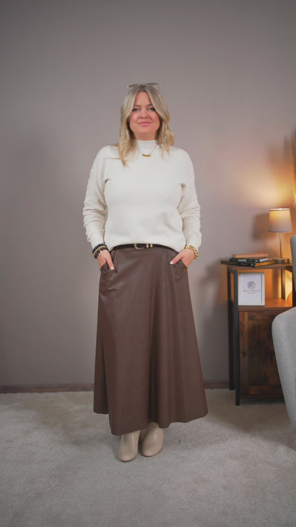 Langer Rock im Leder-Look mit Gürtel, braun