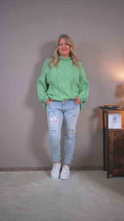 Strickpullover mit Zopfmuster, mintgrün