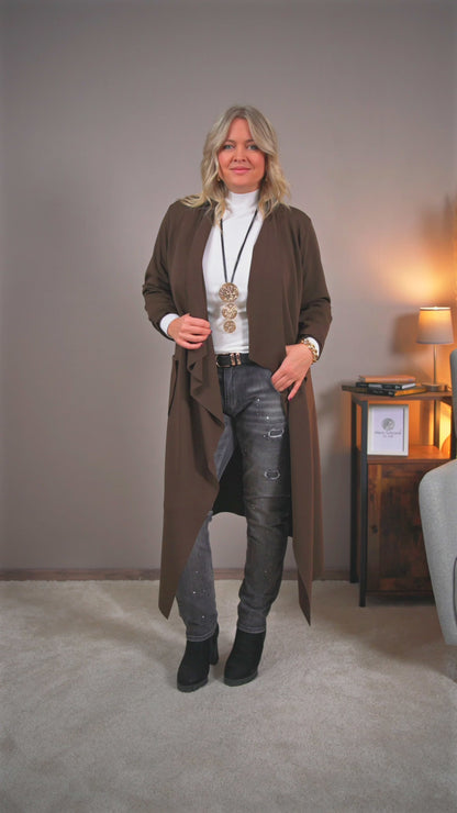 Langer Cardigan mit Wasserfall-Front, schokobraun